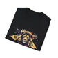 Black folded unisex cotton t-shirt featuring bold Leo zodiac graphic print: vibrant abstract lion head portrait with powerful flowing mane, fierce intense eyes, regal expression, geometric accents, and dynamic multicolored paint splatters in gold, red, navy, teal, and black tones exploding outward. Elegant white cursive "Leo" text below. Astrology zodiac motivational crewneck tee.