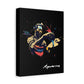 Black canvas wall art print of colorful abstract Aquarius water bearer pouring vessel with tribal face paint and cosmic splatters on dark background, featuring "Aquarius" in elegant white cursive.