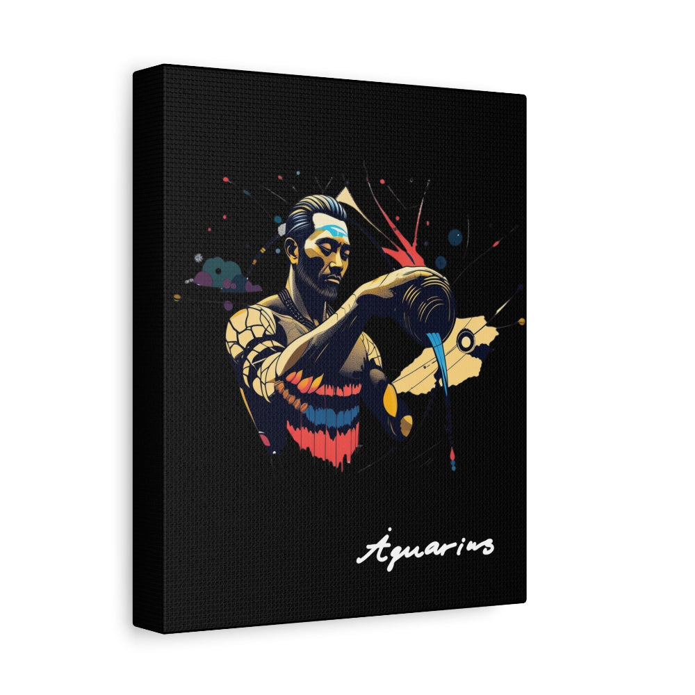 Black canvas wall art print of colorful abstract Aquarius water bearer pouring vessel with tribal face paint and cosmic splatters on dark background, featuring "Aquarius" in elegant white cursive.