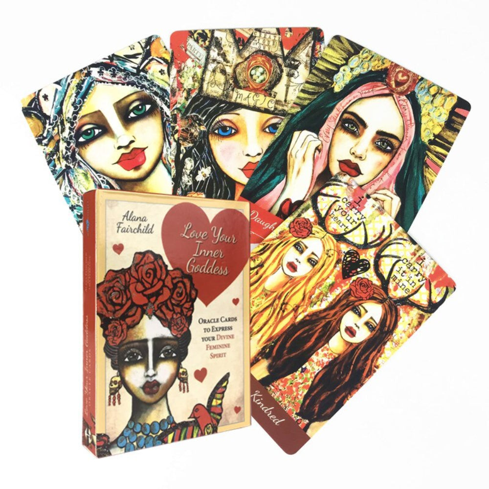 Love Your Inner Goddess Oracle Cards by Alana Fairchild, showing the deck box with a woman wearing red roses in her hair and several illustrated oracle cards fanned out featuring colorful, artistic feminine portraits with empowering messages. Divine feminine oracle deck.