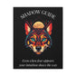 Close up of black canvas wall art print of colorful abstract wolf head with intense blue-green eyes, geometric accents, and cosmic splatters on dark background. Arched white text "SHADOW GUIDE" above and quote "Even when fear appears, your intuition shows the way" below.