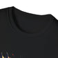 Close-up view of black unisex cotton crewneck t-shirt collar: soft ribbed neckline with clean stitching and comfortable fit. Premium quality durable crew neck construction detail on black graphic tee.