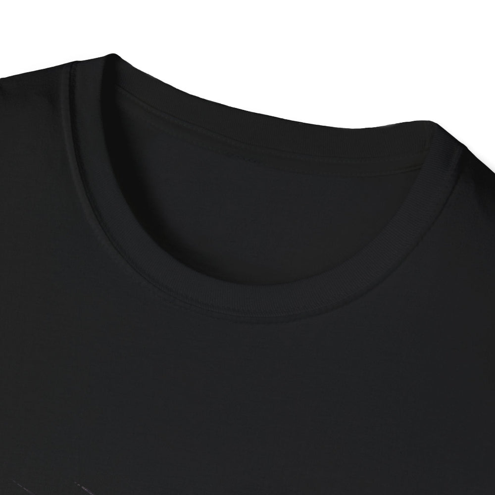 Close-up view of black unisex cotton crewneck t-shirt collar: soft ribbed neckline with clean stitching and comfortable fit. Premium quality durable crew neck construction detail on black graphic tee.