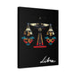 Black canvas wall art print of geometric Libra scales with intricate patterns and colorful accents on dark background, featuring "Libra" in elegant white cursive.