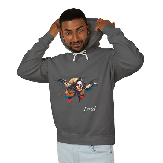 Man wearing a gray hoodie with a colorful graphic and 'Feral' text on a white background