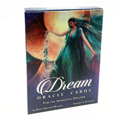 Dream Oracle Cards box by Kelly Sullivan Walden. Cover features a mystical woman in a flowing green dress reaching toward a glowing moon with sparkling stars. Oracle deck for the awakening dreamer.