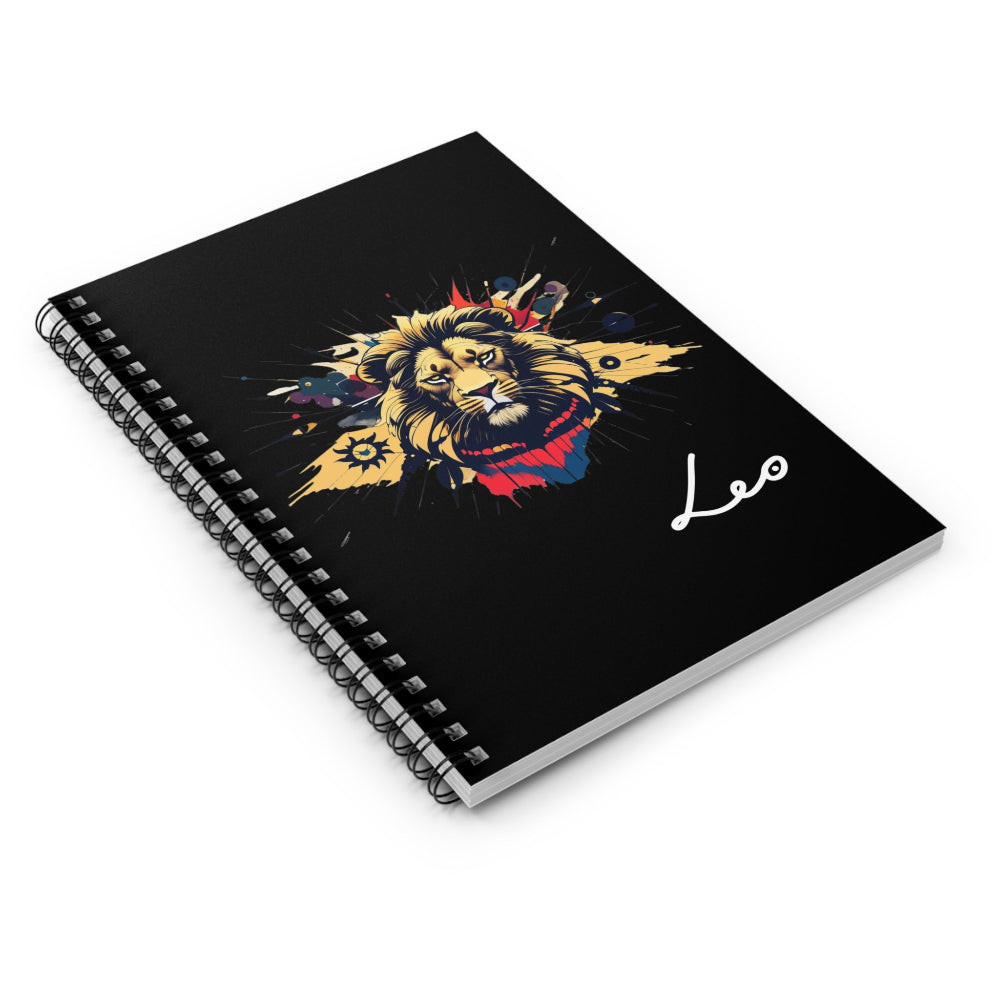 Notebook with a colorful lion design and 'Leo' text on a black background