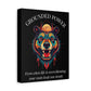 Black canvas wall art print of colorful abstract bear head with intense expression, flowing mane, geometric accents, and cosmic splatters on dark background. Arched white text "GROUNDED POWER" above and quote "Even when life is overwhelming, your roots keep you steady" below.