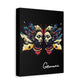 Black canvas wall art print of colorful abstract Gemini twin faces with butterfly wings, cosmic accents, and paint splatters on dark background, featuring "Gemini" in elegant white cursive