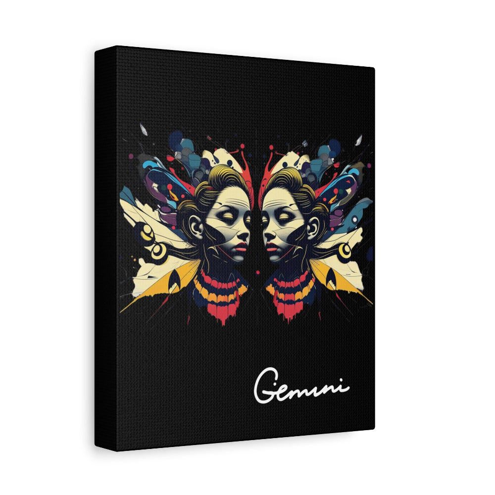 Black canvas wall art print of colorful abstract Gemini twin faces with butterfly wings, cosmic accents, and paint splatters on dark background, featuring "Gemini" in elegant white cursive