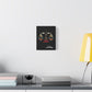 Black canvas wall art print of geometric Libra scales with intricate patterns and colorful accents on dark background, featuring "Libra" in elegant white cursive, displayed in a modern home décor setting above a console table with books and yellow lamp.