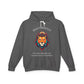 Dark gray hoodie with vibrant multicolored lion head graphic, mane in orange teal blue splashes, "BOLD PRESENCE" arched text above, motivational quote "Even when challenges arise, your heart leads with confidence" below