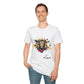 White unisex cotton t-shirt modeled by smiling man with short brown hair, featuring bold Leo zodiac graphic: vibrant abstract lion head portrait with powerful flowing mane, fierce intense eyes, regal expression, geometric accents, and dynamic multicolored paint splatters in gold, red, navy, teal, and black tones exploding outward. Elegant black cursive "Leo" text below. Astrology zodiac motivational crewneck tee.