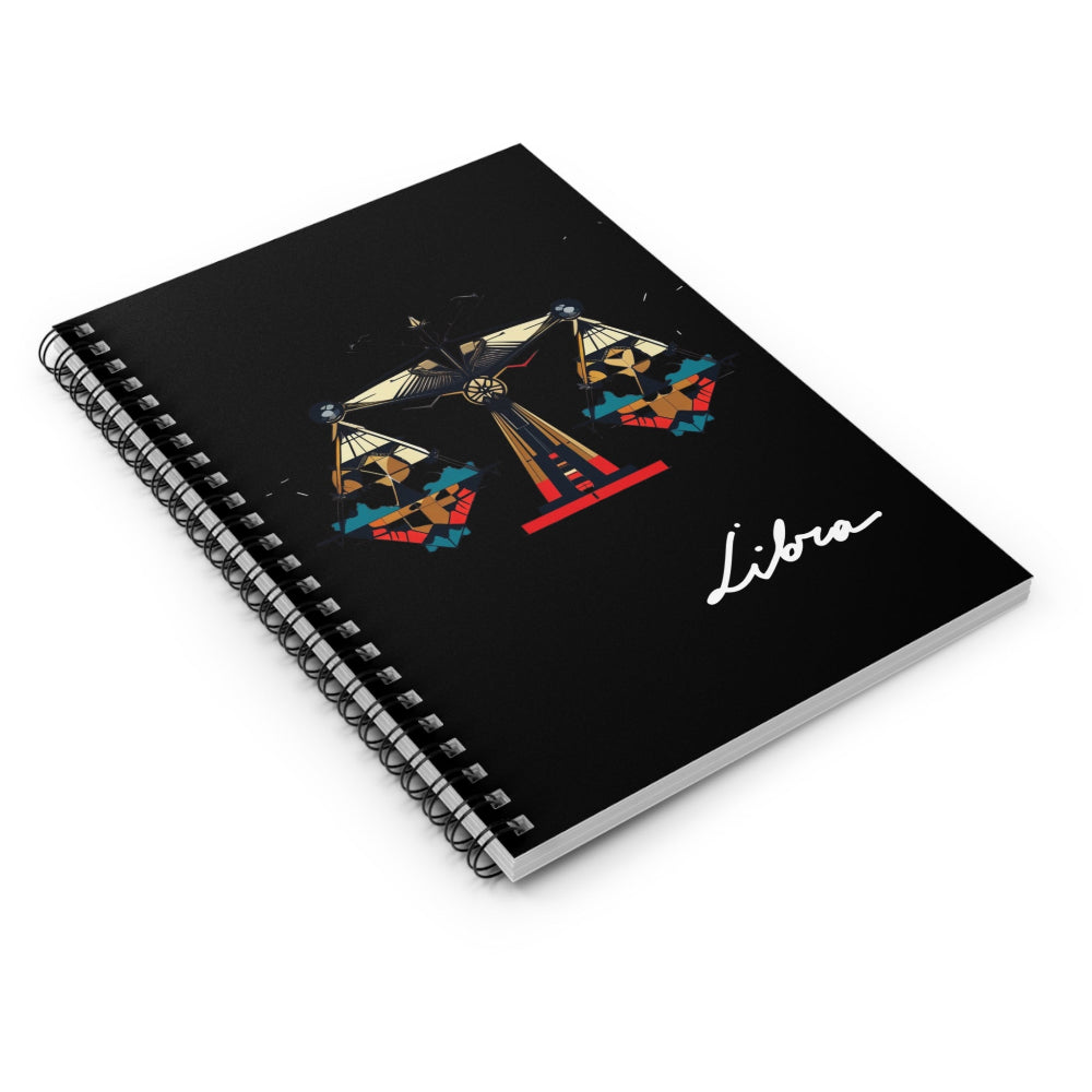 Notebook with a colorful abstract balanced scales of justice design, intricate geometric patterns, and paint splatters on a black background, featuring the word "Libra".