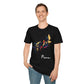 Black unisex cotton t-shirt modeled by smiling man with short brown hair, featuring bold Pisces zodiac graphic: vibrant abstract twin goldfish swimming in mirrored formation, detailed scales and flowing fins, intense eyes, geometric accents, and dynamic multicolored paint splatters in gold, red, navy, teal, blue, and black tones bursting outward. Elegant white cursive "Pisces" text below. Astrology zodiac motivational crewneck tee.