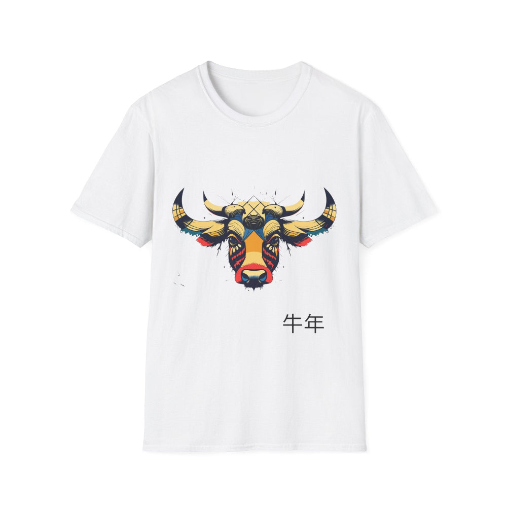 White unisex cotton t-shirt featuring bold Year of the Ox graphic: vibrant abstract ox/bull face portrait with large curved horns, intense eyes, geometric patterns, and dynamic multicolored paint splatters in gold, red, blue, teal, and black tones exploding outward. Chinese text "牛年" (Year of the Ox) printed below in black. Zodiac Chinese New Year motivational crewneck tee.