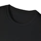 Close-up view of black unisex cotton crewneck t-shirt collar: soft ribbed neckline with clean stitching and comfortable fit. Premium quality durable crew neck construction detail on black graphic tee.