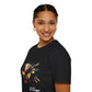 Black unisex cotton t-shirt in side profile on smiling woman with braided hair, featuring bold Virgo zodiac graphic on chest: vibrant abstract woman holding wheat sheaf, serene expression, flowing hair with headscarf, detailed feathers, geometric accents, and dynamic multicolored paint splatters in gold, red, navy, teal, and black tones bursting outward. Elegant white cursive "Virgo" text below. Astrology zodiac motivational crewneck tee.