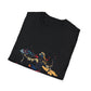 Black folded unisex cotton t-shirt featuring bold Sagittarius zodiac graphic print: vibrant abstract archer silhouette drawing bow, dynamic warrior pose with flowing cape, intricate armor details, and explosive multicolored paint splatters in gold, red, navy, teal, and black tones bursting outward. Elegant white cursive "Sagittarius" text below. Astrology zodiac motivational crewneck tee.
