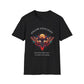 Black unisex cotton t-shirt featuring bold "Follow Your Light" graphic: vibrant abstract moth with detailed wings, intense expression, colorful geometric accents, and dynamic paint splatters in red, orange, teal, blue, and gold tones bursting outward around an orange moon background. Arched white text "FOLLOW YOUR LIGHT" above and smaller inspirational quote "Even when others can't see where you're going, see with your own eyes" below. Motivational spiritual empowerment crewneck tee.
