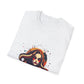 White folded unisex cotton t-shirt featuring bold "Feral" graphic print: vibrant abstract portrait of a fierce woman with wild flowing hair, intense expression, tribal markings, colorful geometric accents, and dynamic paint splatters in red, orange, teal, blue, and gold tones bursting outward. White elegant cursive "Feral" text below. Wild feminine energy motivational crewneck tee.