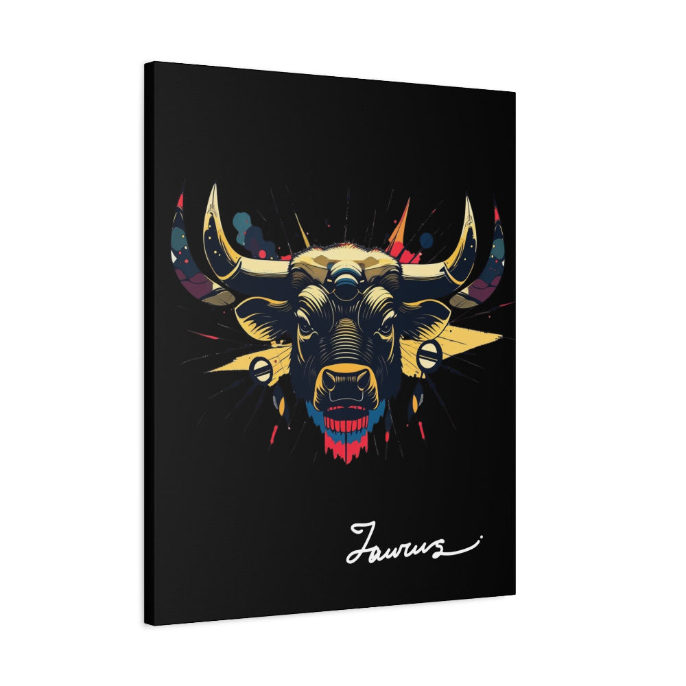 Black canvas wall art print of colorful abstract Taurus bull head with large curved horns, intense expression, geometric patterns, and cosmic splatters on dark background, featuring "Taurus" in elegant white cursive.