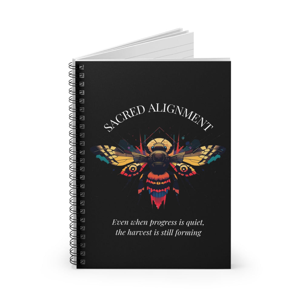 Notebook with a colorful abstract sacred bee design, geometric accents, and paint splatters on a black background, featuring the words "SACRED ALIGNMENT" and quote "Even when progress is quiet, the harvest is still forming".