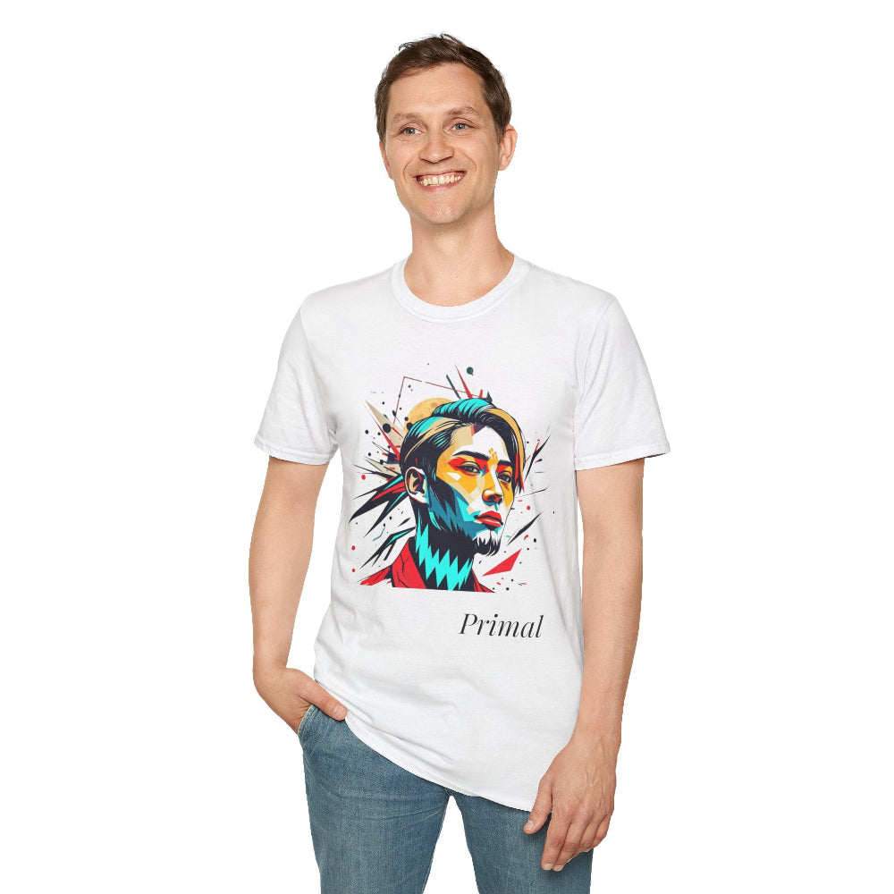 White unisex cotton t-shirt modeled by smiling man with hand in pocket, featuring bold "Primal" graphic: stylized intense bearded man portrait with vibrant red, yellow, blue, teal paint splatters bursting outward. Elegant black "Primal" text below. Primal masculine energy motivational crewneck tee.