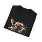 Black folded unisex cotton t-shirt featuring bold Year of the Dog zodiac graphic print: vibrant abstract dog face portrait with intense glowing eyes, detailed fur texture, alert expression, geometric accents, and dynamic multicolored paint splatters in gold, red, blue, teal, orange, and black tones exploding outward. Chinese text "狗年" (Year of the Dog) printed below in white. Chinese New Year zodiac motivational crewneck tee.
