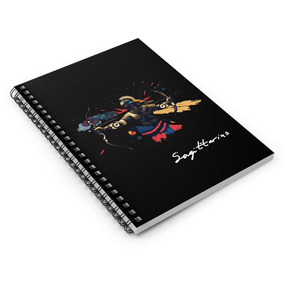 Notebook with a colorful abstract archer drawing a bow in dynamic warrior pose, flowing cape, and paint splatters on a black background, featuring the word "Sagittarius" in elegant white cursive.