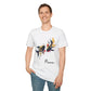 White unisex cotton t-shirt modeled by smiling man with short brown hair, featuring bold Pisces zodiac graphic: vibrant abstract pair of fish swimming in mirrored formation, detailed scales and fins, intense eyes, geometric accents, and dynamic multicolored paint splatters in gold, red, navy, teal, blue, and black tones bursting outward. Elegant black cursive "Pisces" text below. Astrology zodiac motivational crewneck tee.