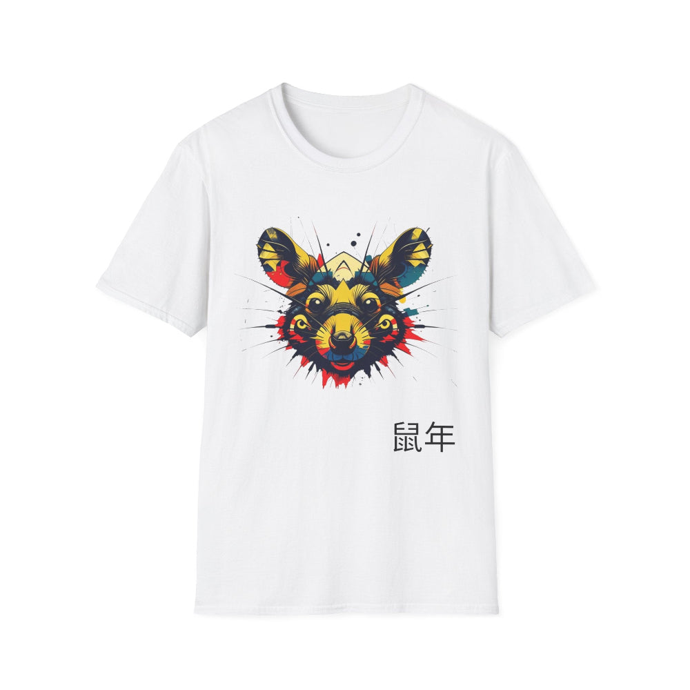 White unisex cotton t-shirt featuring bold Year of the Rat graphic: vibrant abstract rat face portrait with large expressive ears, intense glowing eyes, geometric patterns, and dynamic multicolored paint splatters in yellow, red, blue, teal, and orange tones exploding outward. Chinese text "鼠年" (Year of the Rat) printed below in black. Zodiac Chinese New Year motivational crewneck tee.