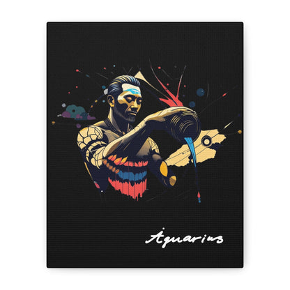 Close up of black canvas wall art print of colorful abstract Aquarius water bearer pouring vessel with tribal face paint and cosmic splatters on dark background, featuring "Aquarius" in elegant white cursive.