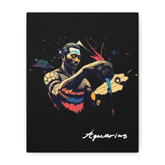 Close up of black canvas wall art print of colorful abstract Aquarius water bearer pouring vessel with tribal face paint and cosmic splatters on dark background, featuring "Aquarius" in elegant white cursive.