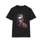 Black unisex cotton t-shirt featuring bold Primal graphic print: stylized intense man portrait wearing sunglasses, stylish hair, red collar detail, surrounded by vibrant red, orange, teal, and blue paint splatters. Elegant white "Primal" text below. Primal masculine energy motivational crewneck tee.