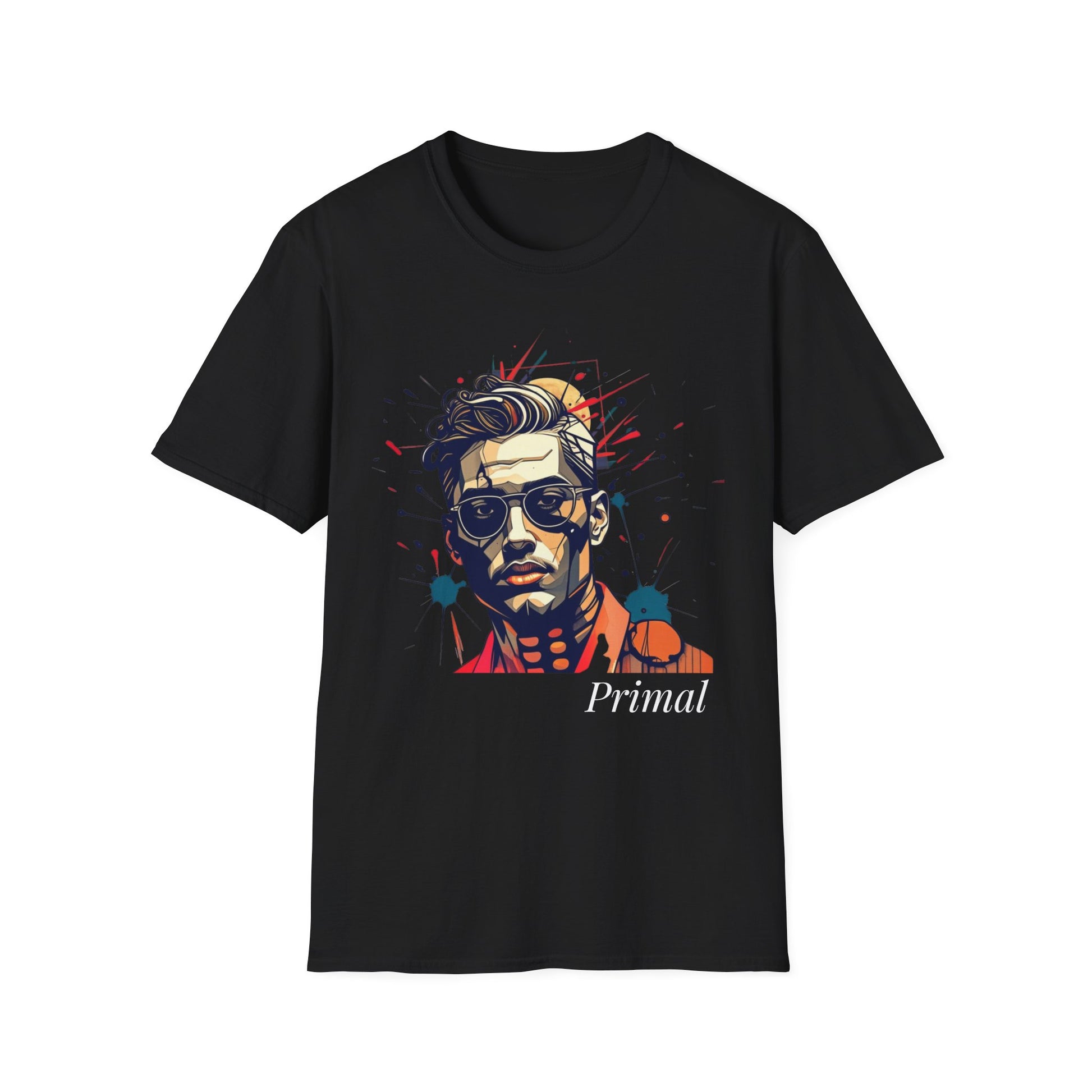 Black unisex cotton t-shirt featuring bold Primal graphic print: stylized intense man portrait wearing sunglasses, stylish hair, red collar detail, surrounded by vibrant red, orange, teal, and blue paint splatters. Elegant white "Primal" text below. Primal masculine energy motivational crewneck tee.