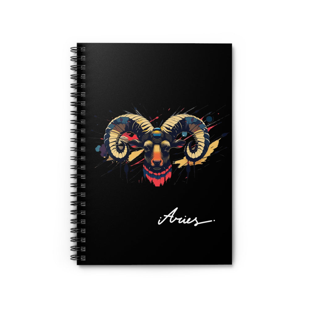 Notebook with a colorful abstract Aries ram head portrait, large curved horns, intense expression, and paint splatters on a black background, featuring the word "Aries".