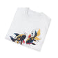 White folded unisex cotton t-shirt featuring bold Pisces zodiac graphic print: vibrant abstract twin goldfish swimming in mirrored formation, detailed scales and flowing fins, intense eyes, geometric accents, and dynamic multicolored paint splatters in gold, red, navy, teal, blue, and black tones bursting outward. Elegant black cursive "Pisces" text below. Astrology zodiac motivational crewneck tee.
