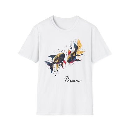White unisex cotton t-shirt featuring bold Pisces zodiac graphic: vibrant abstract twin goldfish swimming in mirrored formation, detailed scales and flowing fins, intense eyes, geometric accents, and dynamic multicolored paint splatters in gold, red, navy, teal, blue, and black tones bursting outward. Elegant black cursive "Pisces" text below. Astrology zodiac motivational crewneck tee.