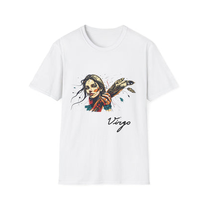 White unisex cotton t-shirt featuring bold Virgo zodiac graphic: vibrant abstract female figure holding wheat sheaf, serene expression, flowing hair with headscarf, detailed feathers, geometric accents, and dynamic multicolored paint splatters in gold, red, navy, teal, and black tones bursting outward. Elegant black cursive "Virgo" text below. Astrology zodiac motivational crewneck tee.