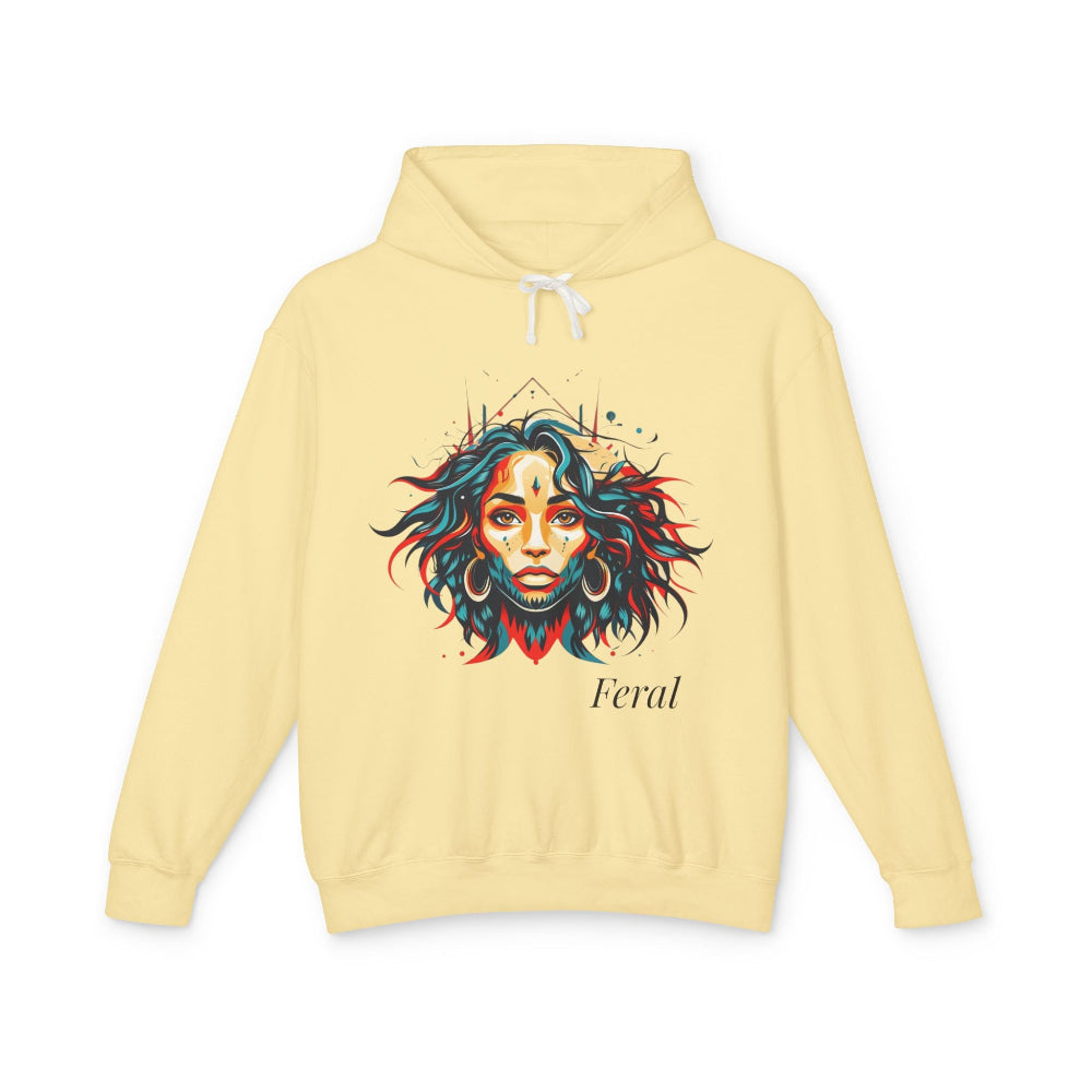 Yellow hoodie with a colorful graphic of a woman's face and the word 'Feral' on a white background
