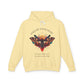 Light yellow hoodie with vibrant multicolored moth/butterfly graphic, geometric sun/moon elements, "FOLLOW YOUR LIGHT" arched text above, motivational quote "Even when others can't see where you're going" below