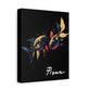 Black canvas wall art print of colorful abstract mirrored fish with flowing fins and cosmic splatters on dark background, featuring "Pisces" in elegant white cursive.
