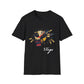 Black unisex cotton t-shirt featuring bold Virgo zodiac graphic: vibrant abstract woman holding wheat sheaf, serene expression, detailed feathers, geometric accents, and dynamic multicolored paint splatters in gold, red, navy, teal, and black tones bursting outward. Elegant white cursive "Virgo" text below. Astrology zodiac motivational crewneck tee.