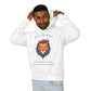 Young man with short hair pulling up the hood of a white hoodie featuring vibrant artistic print of a fierce woman with long flowing hair, red-orange armored top, colorful paint splash design, "Feral" text below