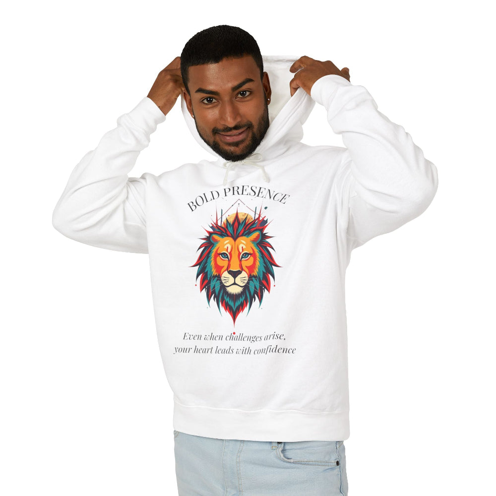 Young man with short hair pulling up the hood of a white hoodie featuring vibrant artistic print of a fierce woman with long flowing hair, red-orange armored top, colorful paint splash design, "Feral" text below