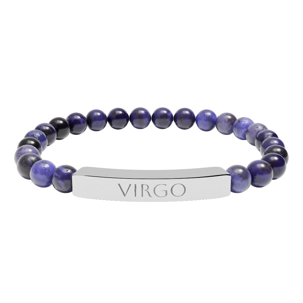 Bracelet with polished lapis lazuli and black onyx beads in deep blue and black tones, featuring a silver curved bar engraved "VIRGO" in uppercase letters. Stretch-fit zodiac-inspired crystal jewelry.
