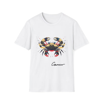 White unisex cotton t-shirt featuring bold Cancer zodiac graphic: vibrant abstract crab portrait with large claws, intense eyes, symmetrical geometric shell patterns, and dynamic multicolored paint splatters in gold, red, navy, teal, and black tones exploding outward. Elegant black cursive "Cancer" text below. Astrology zodiac motivational crewneck tee.