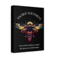 Black canvas wall art print of colorful abstract sacred bee with detailed wings, geometric accents, and cosmic splatters on dark background. Arched white text "SACRED ALIGNMENT" above and quote "Even when progress is quiet, the harvest is still forming" below. 
