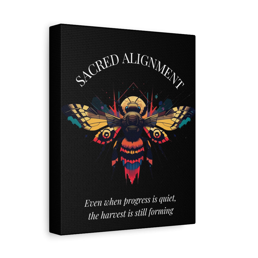 Black canvas wall art print of colorful abstract sacred bee with detailed wings, geometric accents, and cosmic splatters on dark background. Arched white text "SACRED ALIGNMENT" above and quote "Even when progress is quiet, the harvest is still forming" below. 